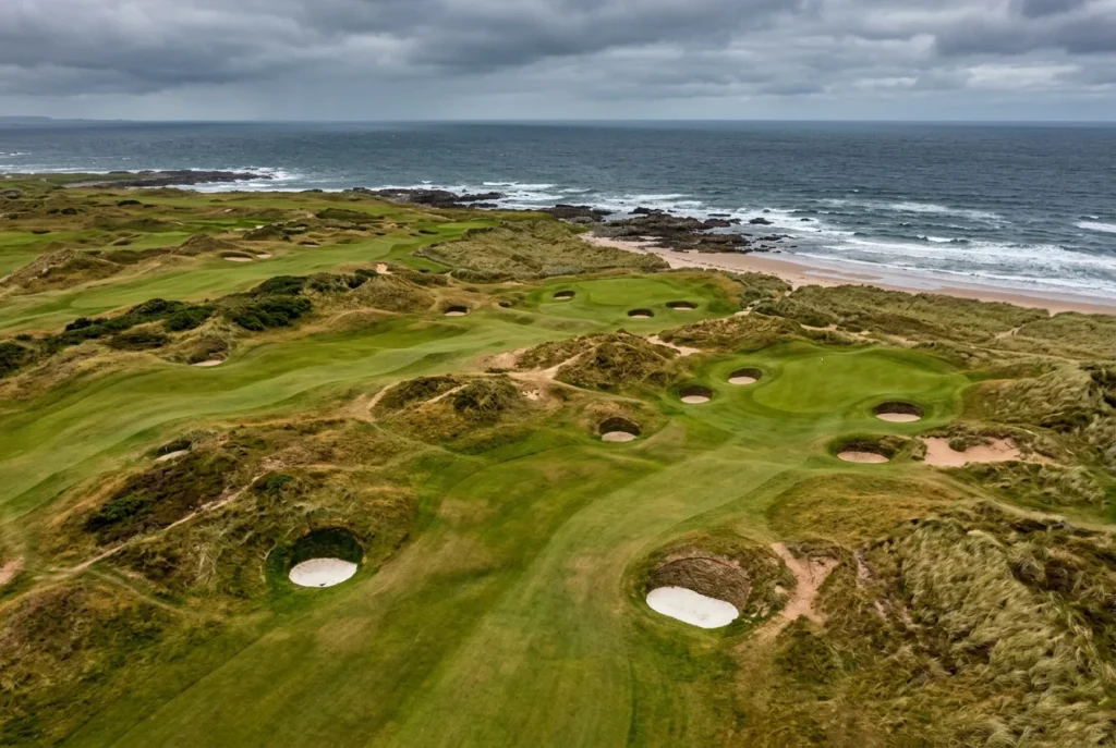 Vista aérea de un campo de golf links junto a la costa con fairways ondulados y bunkers de arena
