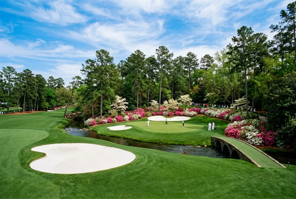 Vista panorámica de Augusta National durante el Masters de golf con los greens y las azaleas en flor