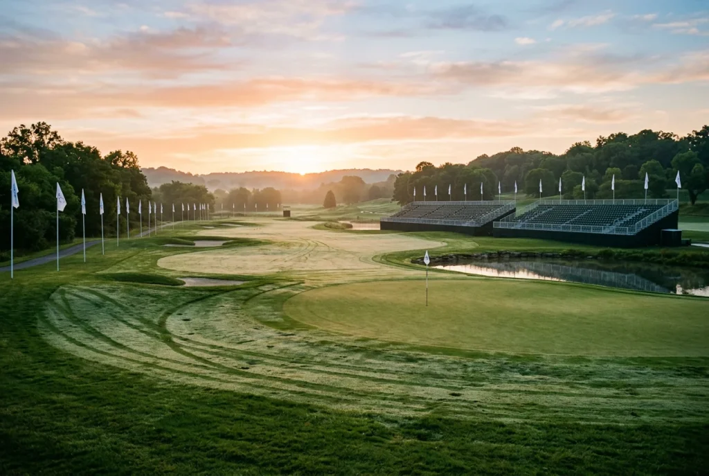 Campo de golf vacío a primera hora de la mañana antes de un torneo con banderas y gradas preparadas