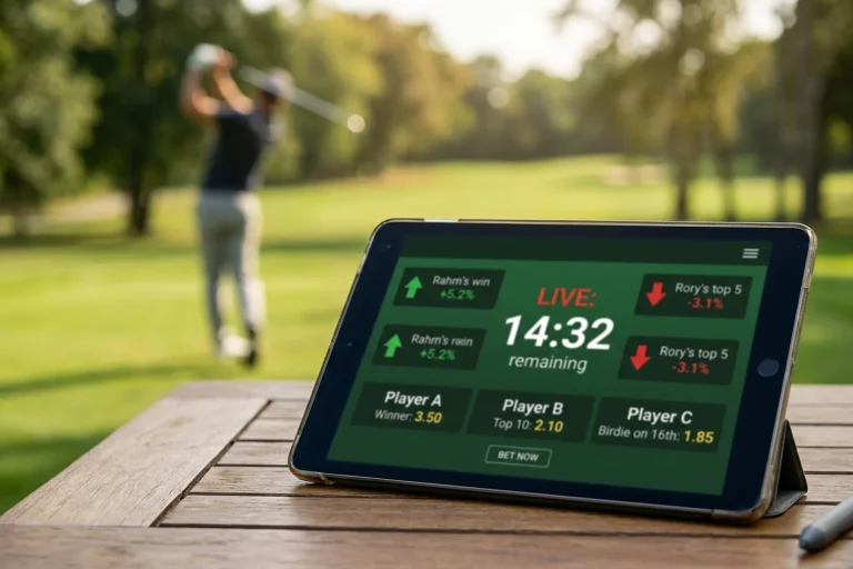 Pantalla de tablet mostrando cuotas de apuestas en directo durante un torneo de golf con un campo verde de fondo