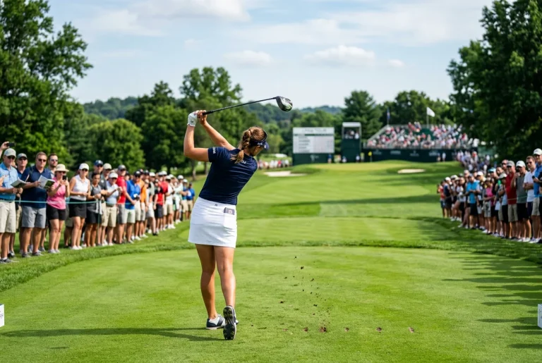 Golfista profesional femenina realizando un swing en un torneo de la LPGA con fairway verde y tribunas de espectadores