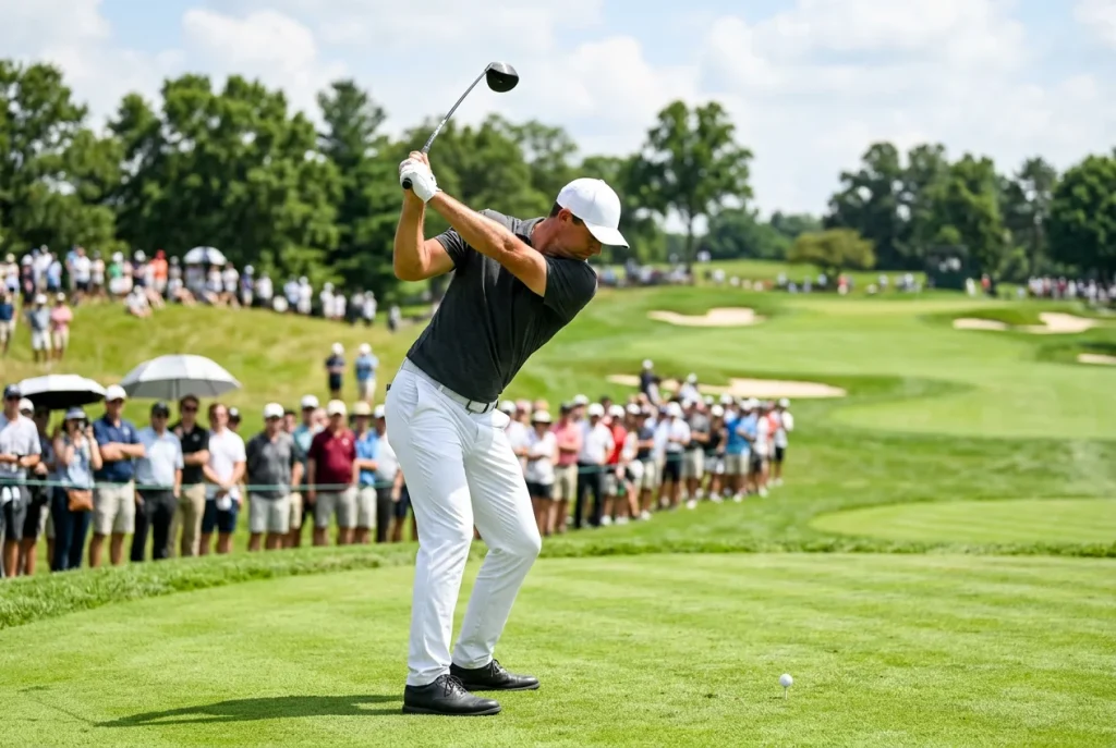Golfista profesional realizando un swing potente en un campo de golf durante un torneo con público de fondo