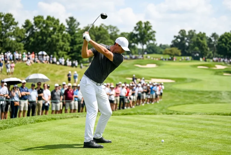 Golfista profesional realizando un swing potente en un campo de golf durante un torneo con público de fondo