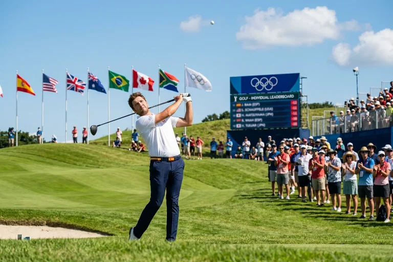Golfista profesional en campo de golf con aros olímpicos visibles al fondo durante competición olímpica
