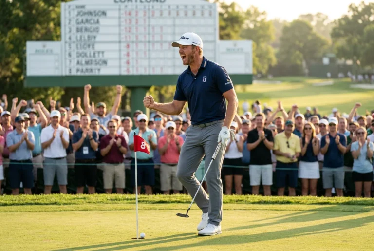 Golfista profesional celebrando un putt decisivo en un torneo con tabla de clasificación mostrando cuotas altas al fondo