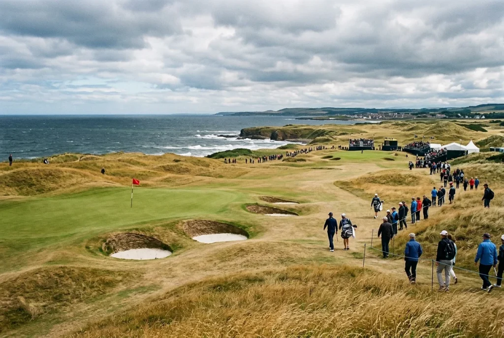 Campo de golf links costero con dunas y banderas ondeando por el viento durante el Open Championship