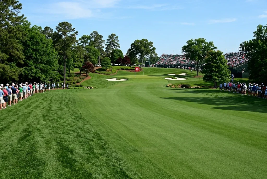 Campo de golf preparado para el PGA Championship con fairway amplio, rough alto y bandera junto al green