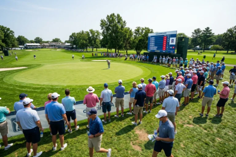 Escenario de un torneo del PGA Tour con leaderboard electrónico y público siguiendo la competición