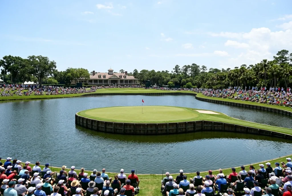 Hoyo de golf con green rodeado de agua en TPC Sawgrass durante The Players Championship