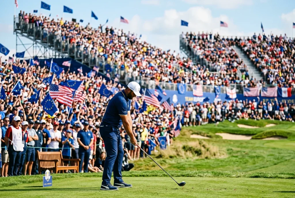Equipo europeo celebrando un punto en la Ryder Cup con el público en las gradas