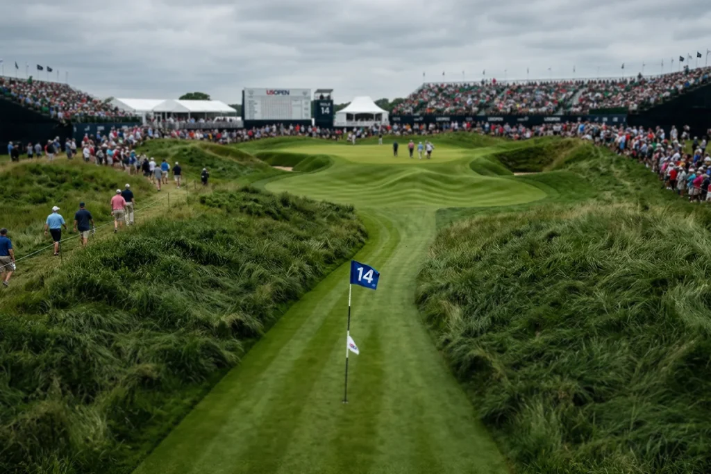 Campo de golf preparado para el US Open con rough alto junto al fairway estrecho y green rápido rodeado de gradas de espectadores