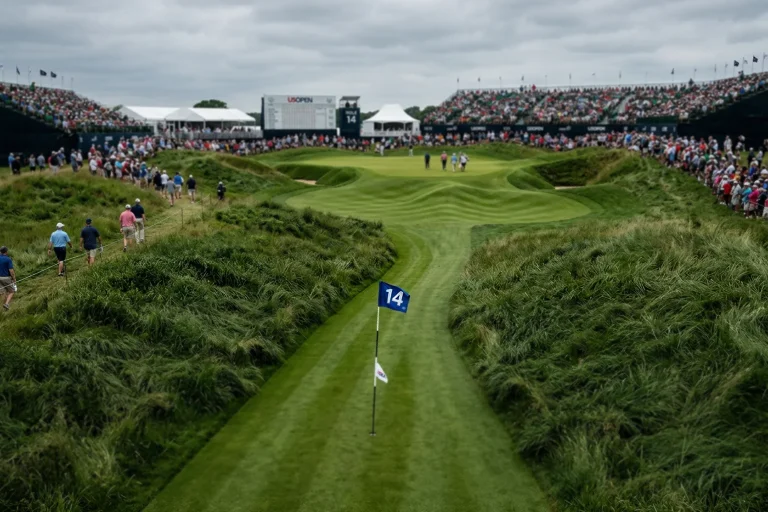 Campo de golf preparado para el US Open con rough alto junto al fairway estrecho y green rápido rodeado de gradas de espectadores