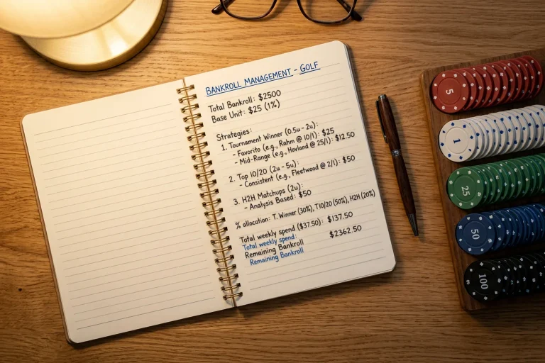 Cuaderno con anotaciones de gestión de bankroll y porcentajes junto a fichas de apuestas sobre una mesa de madera