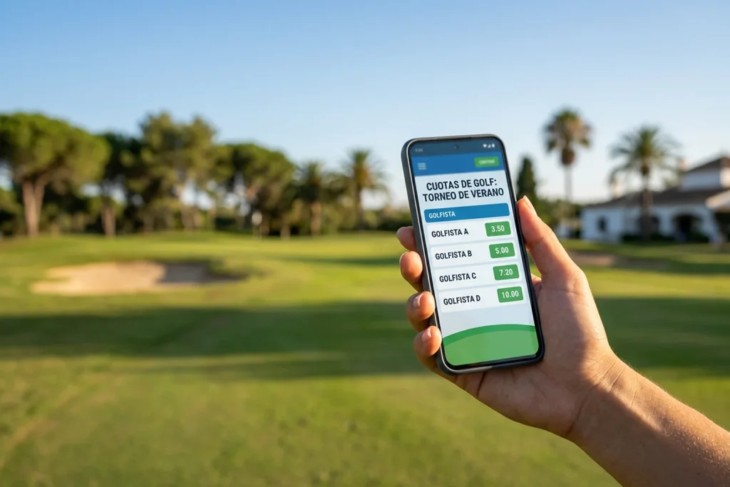 Pantalla de un operador de apuestas deportivas mostrando cuotas de golf del PGA Tour en un dispositivo móvil
