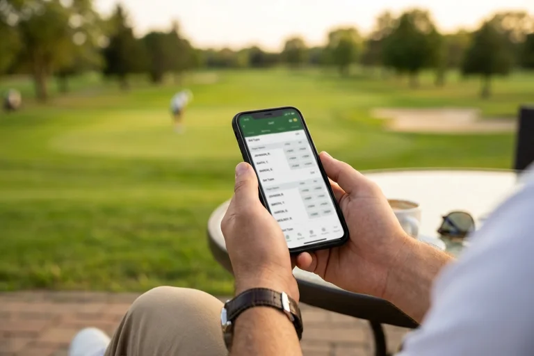 Persona consultando apuestas de golf en su teléfono móvil con un campo de golf visible al fondo