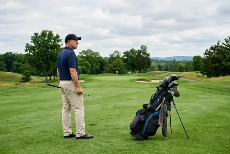 Golfista mirando hacia el green con expresión pensativa y palos de golf en la bolsa