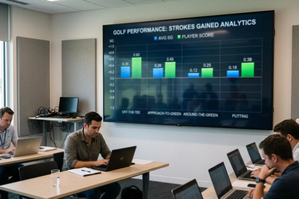 Gráfico de barras de strokes gained de golf mostrando las cuatro categorías con datos de rendimiento de jugadores