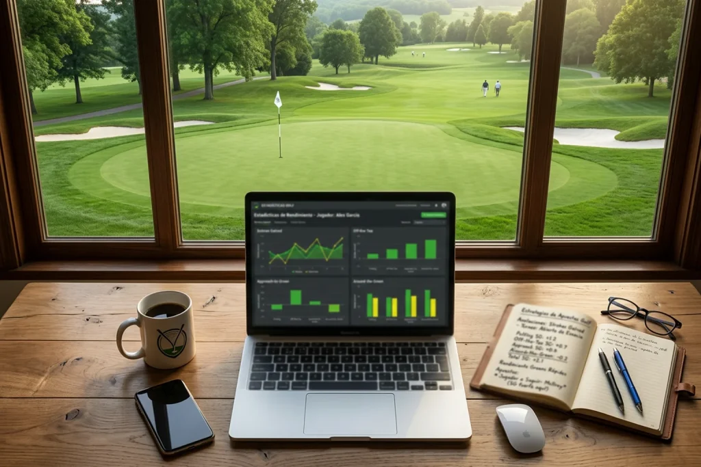Golfista analizando datos de strokes gained antes de realizar una apuesta en un torneo del PGA Tour