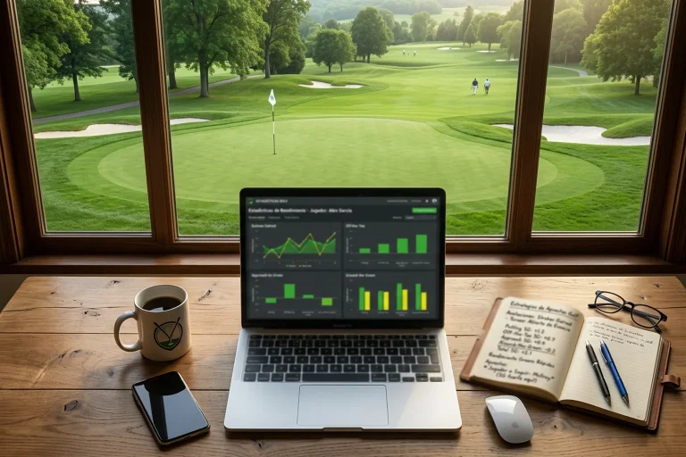 Golfista analizando datos de strokes gained antes de realizar una apuesta en un torneo del PGA Tour