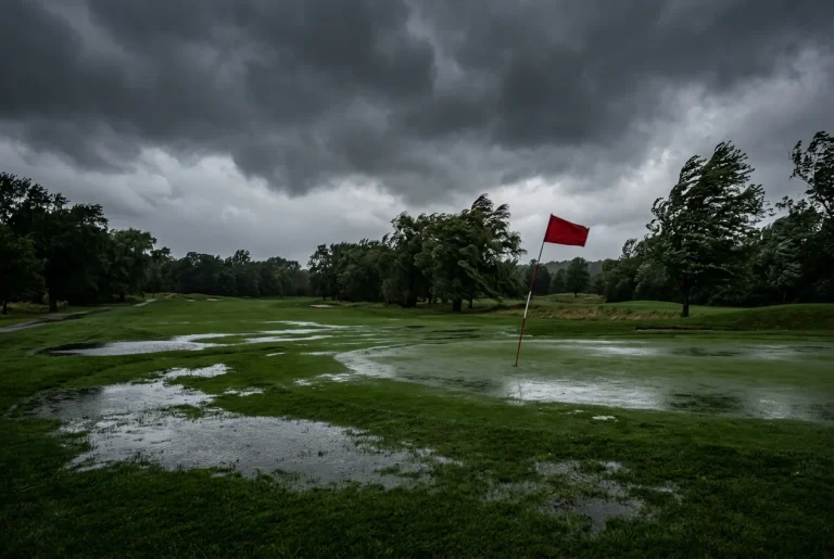 Campo de golf bajo cielo nublado con banderas ondeando por el viento fuerte y charcos de lluvia en el fairway