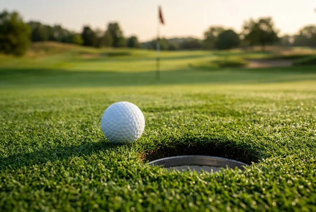 Primer plano de una bola de golf junto al hoyo en el green con el fairway al fondo