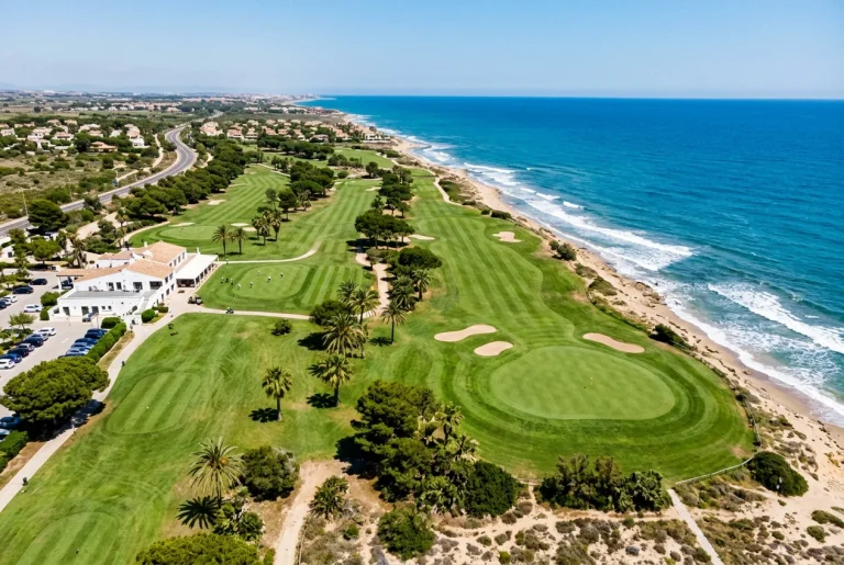 Vista aérea de un campo de golf en la costa mediterránea española con green, fairway y el mar Mediterráneo al fondo