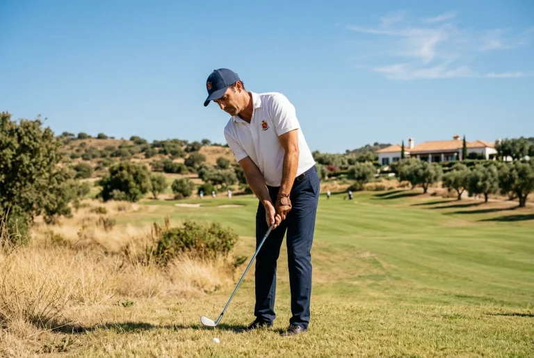 Golfista español en posición de approach en un campo de golf soleado con bandera de España visible en la equipación