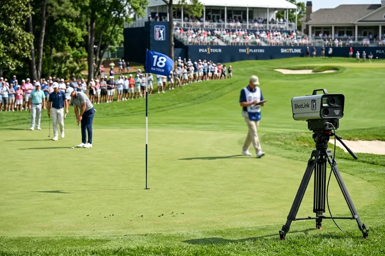 Campo de golf profesional con sistema de cámaras de seguimiento ShotLink instalado junto a un green durante un torneo del PGA Tour