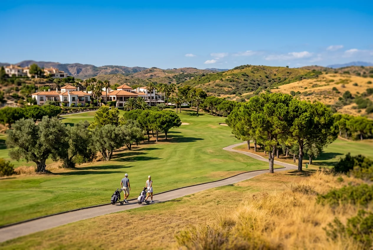 Campo de golf en España con paisaje mediterraneo y jugadores en una jornada soleada