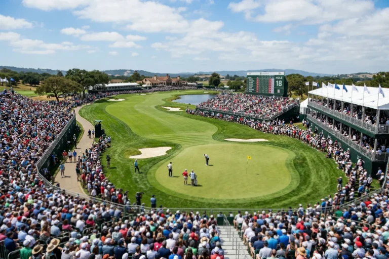 Vista panorámica de un torneo de golf profesional con gradas llenas de espectadores