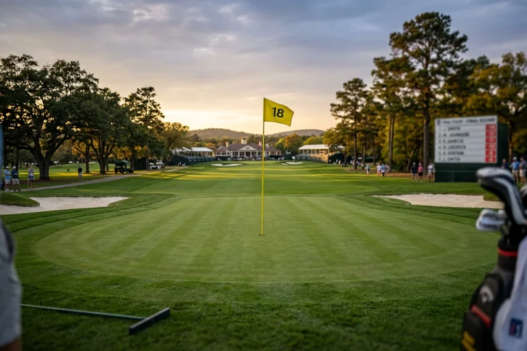 Campo de golf con tabla de cuotas de apuestas de diferentes mercados durante un torneo profesional