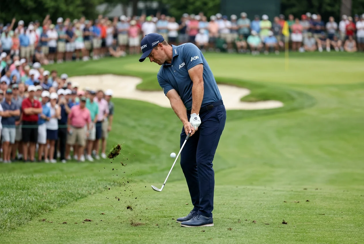 Golfista profesional realizando un golpe de approach en un campo de hierba bermuda durante un torneo