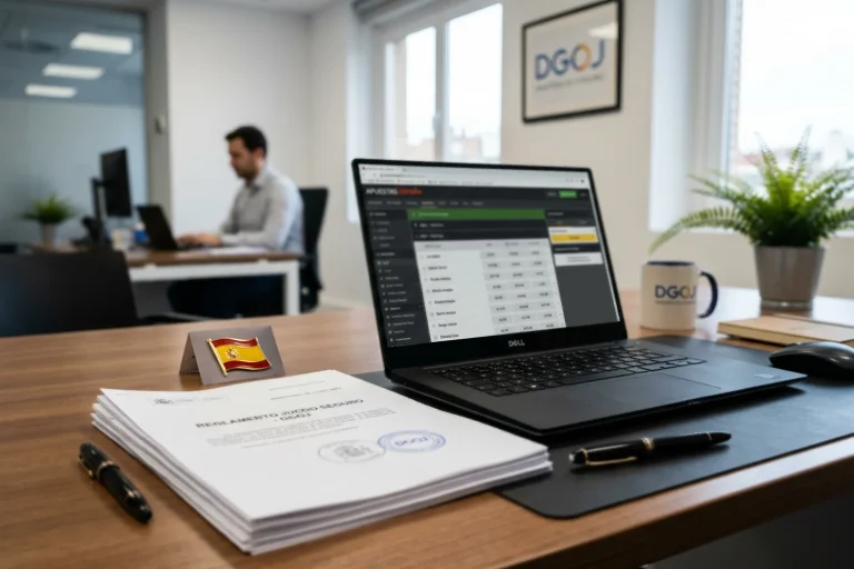 Escritorio con documentación oficial de regulación de juego en España junto a un ordenador mostrando una plataforma de apuestas deportivas de golf