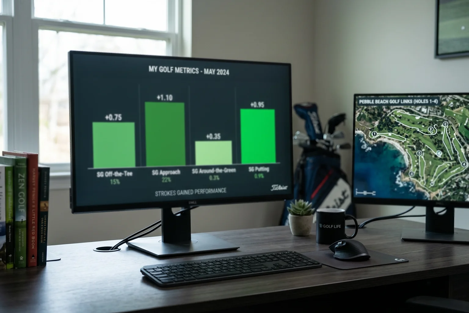 Pantalla con gráficos de strokes gained y estadísticas de rendimiento de un golfista profesional