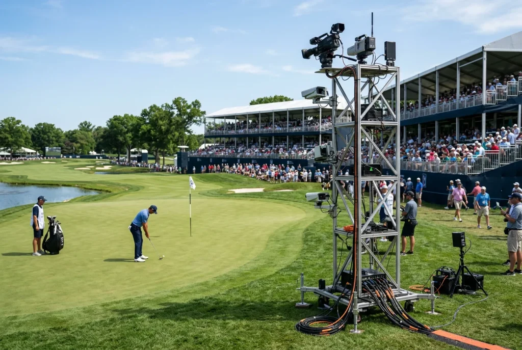 Torre de cámaras y sensores de tracking junto a un hoyo de golf durante un torneo del PGA Tour