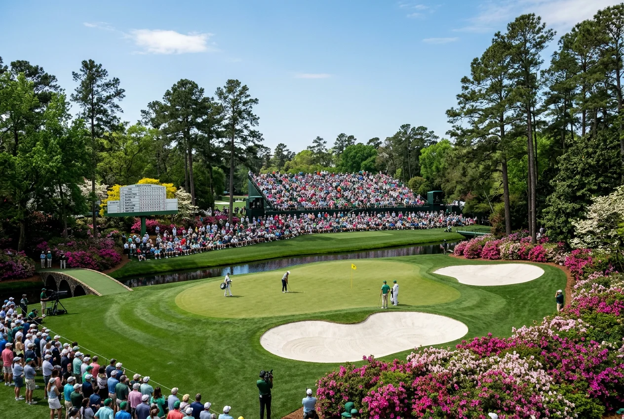 Vista panorámica del green de Augusta National con tribunas llenas durante el Masters de golf
